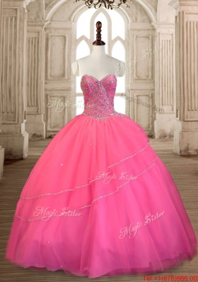 Sweet Big Puffy Tulle Rose Pink Quinceanera Dress with Beading