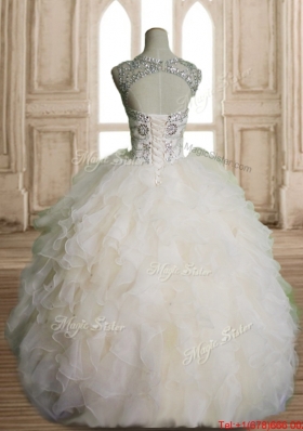 Wonderful Beaded and Ruffled Champagne Quinceanera Dress in Organza