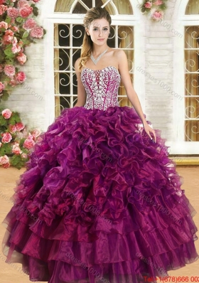 Cheap Organza Burgundy Quinceanera Dress with Beading and Ruffles
