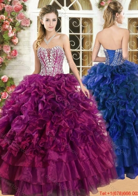 Cheap Organza Burgundy Quinceanera Dress with Beading and Ruffles