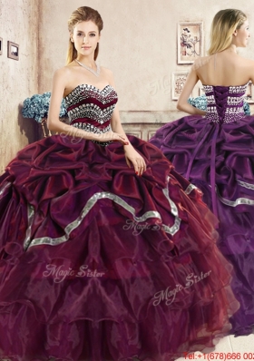 Discount Organza Burgundy Quinceanera Dress with Ruffled Layers and Bubbles