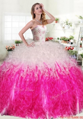 Exquisite Beaded and Ruffled Quinceanera Dress in Hot Pink and White