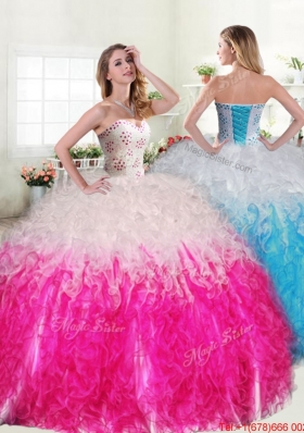 Exquisite Beaded and Ruffled Quinceanera Dress in Hot Pink and White