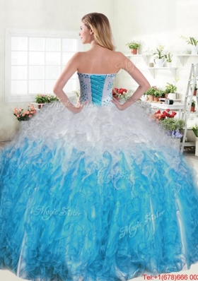 Latest Beaded and Ruffled Blue and White Sweet 16 Dress in Organza