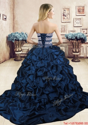 Latest Organza and Taffeta Brush Train Quinceanera Dress in Navy Blue