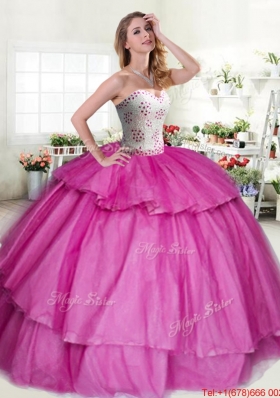 Luxurious Beaded Bodice and Ruffled Layers Quinceanera Dress in Fuchsia