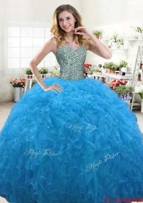 Modest Aqua Blue Quinceanera Dress with Beaded Bodice and Ruffles