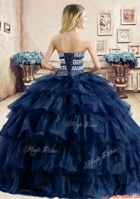 Modest Beaded Bodice and Ruffled Layers Navy Blue Sweet 16 Dress in Organza
