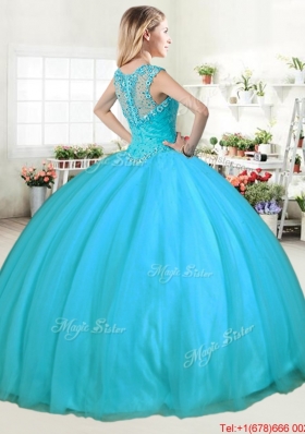 Modest Straps Beaded Aqua Blue Quinceanera Gown with Zipper Up