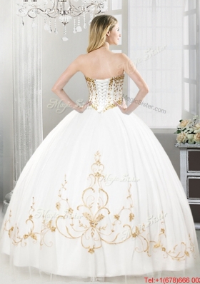New Arrivals Tulle White Sweet 16 Dress with Beading and Gold Appliques