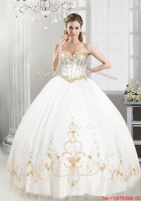 New Arrivals Tulle White Sweet 16 Dress with Beading and Gold Appliques