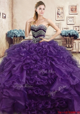 New Beaded Bodice and Ruffled Organza Quinceanera Gown in Purple