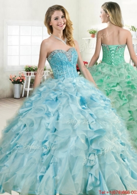 New Beaded Bodice and Ruffled Quinceanera Gown in Organza and Taffeta