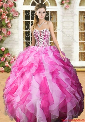 New Visible Boning Pink and White Sweet 16 Dress with Beading and Ruffles