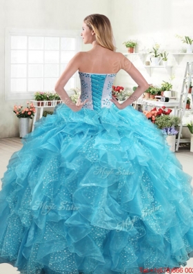 Perfect Organza Ruffled and Beaded Bodice Quinceanera Dress in Turquoise