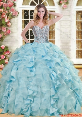 Popular Ruffled and Beaded Light Blue Quinceanera Dress in Organza and Taffeta