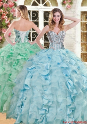 Popular Ruffled and Beaded Light Blue Quinceanera Dress in Organza and Taffeta