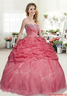 Pretty Organza Beaded Bodice and Bubble Quinceanera Dress in Coral Red