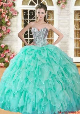 Simple Beaded Bodice and Ruffled Apple Green Sweet 16 Dress in Organza