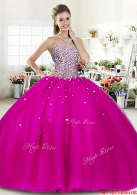 Spring Classical Beaded Fuchsia Really Puffy Quinceanera Dress in Tulle