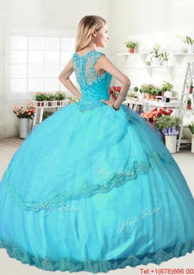Sweet See Through Back Straps Beaded Apple Green Quinceanera Dress with Appliques