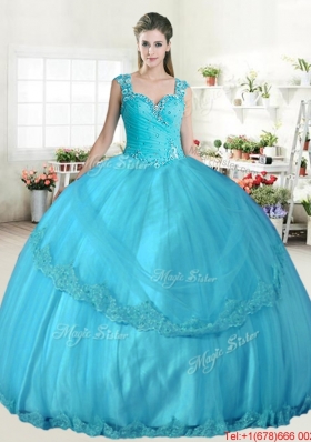 Sweet See Through Back Straps Beaded Apple Green Quinceanera Dress with Appliques