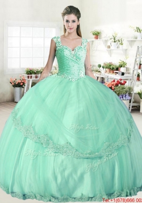 Sweet See Through Back Straps Beaded Apple Green Quinceanera Dress with Appliques