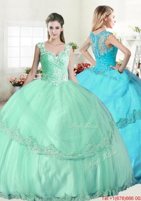 Sweet See Through Back Straps Beaded Apple Green Quinceanera Dress with Appliques