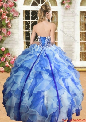 Beautiful Beaded Bodice and Ruffled Purple and White Quinceanera Dress in Organza