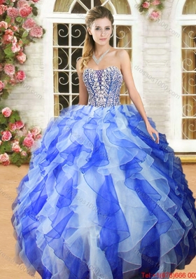 Beautiful Beaded Bodice and Ruffled Purple and White Quinceanera Dress in Organza