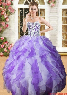 Beautiful Beaded Bodice and Ruffled Purple and White Quinceanera Dress in Organza