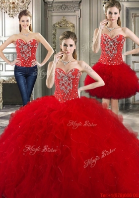 Beautiful Three Piece Red Detachable Quinceanera Gowns with Beading and Ruffles