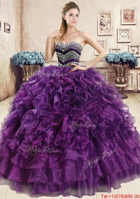 Best Organza Purple Sweet 15 Dress with Beading and Ruffles