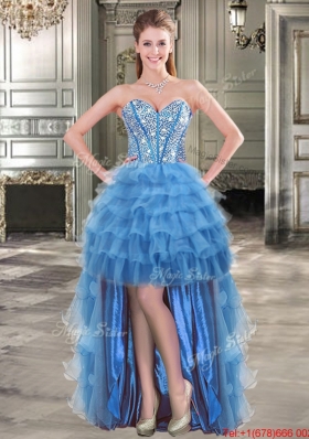 Cheap Organza Blue Detachable Quinceanera Dresses with Beading and Ruffled Layers