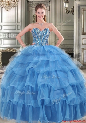 Cheap Organza Blue Detachable Quinceanera Dresses with Beading and Ruffled Layers