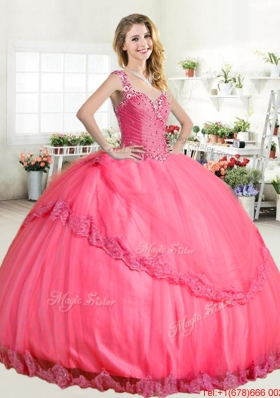 Cheap See Through Back Hot Pink Quinceanera Dress with Straps