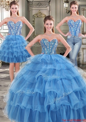 Elegant Puffy Skirt Beaded and Ruffled Layers Blue Detachable Quinceanera Dresses