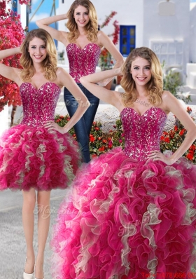 Elegant Visible Boning Hot Pink and Champagne Detachable Quinceanera Dresses with Beading and Ruffles