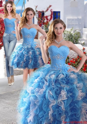 Exclusive Beaded and Ruffled Blue and White Detachable Sweet 16 Dresses