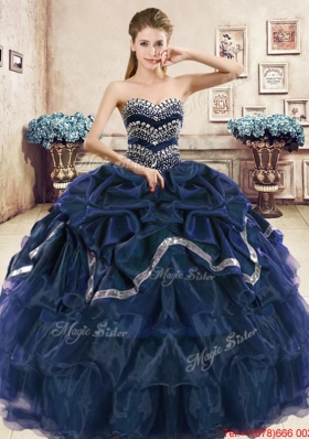Fashionable Ruffled Layers Organza Beaded Bodice Quinceanera Dress in Navy Blue