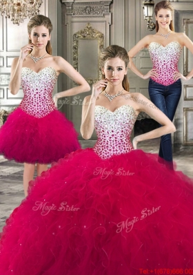 Gorgeous Ruffled and Beaded Hot Pink Detachable Quinceanera Dresses in Tulle