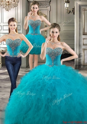 Latest Beaded Bodice Teal Detachable Quinceanera Dresses with Ruffles