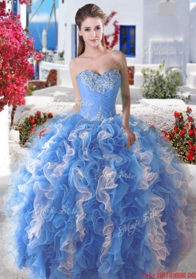 Latest Ruffled Blue and White Detachable Quinceanera Dresses in Organza