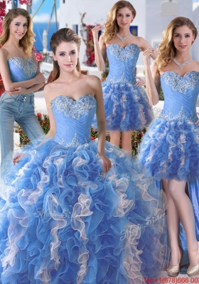 Latest Ruffled Blue and White Detachable Quinceanera Dresses in Organza