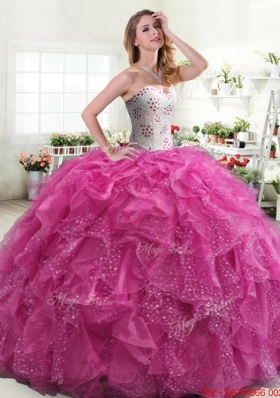 Lovely Puffy Skirt Hot Pink Sweet 16 Dress with Beading and Ruffles