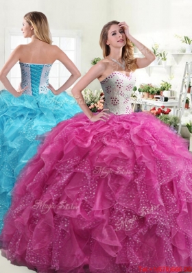 Lovely Puffy Skirt Hot Pink Sweet 16 Dress with Beading and Ruffles