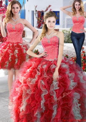 Lovely Sweetheart Organza Detachable Quinceanera Dresses in Red and White