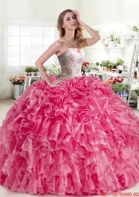 Luxurious Beaded and Ruffled Hot Pink Quinceanera Dress in Organza