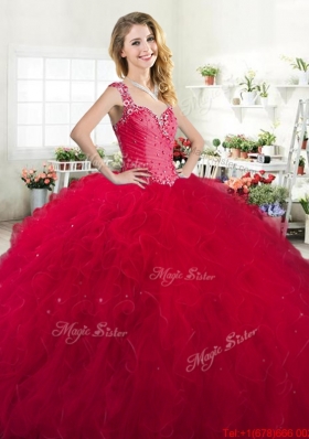 Modern Straps Red Quinceanera Gown with Beading and Ruffles