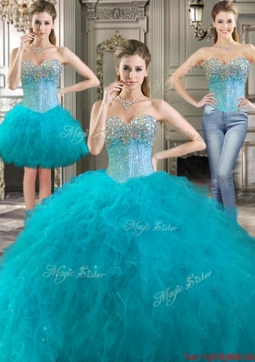 Perfect Big Puffy Beaded Bodice and Ruffled Detachable Quinceanera Dresses in Teal